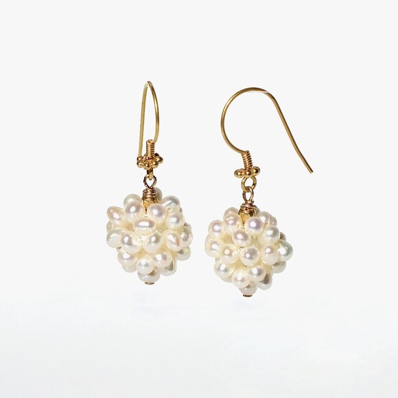 18K Solid Yellow Gold Pearl Beaded Drop Dangle Earrings - Picture 3 of 5